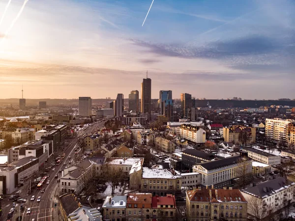Beautiful foggy Vilnius city scene in winter. Aerial early morning view. Winter city scenery in Vilnius, Lithuania.