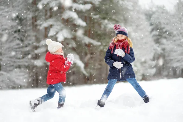 Zwei Entzückende Junge Mädchen Die Zusammen Spaß Wunderschönen Winterpark Haben — Stockfoto