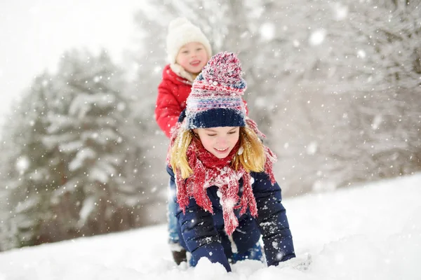 Två Bedårande Unga Flickor Som Har Roligt Tillsammans Vackra Vinterparken — Stockfoto
