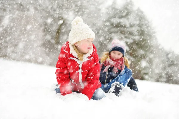 Twee schattige jonge meisjes die samen plezier hebben in het prachtige winterpark. Leuke zusjes spelen in een sneeuw. — Stockfoto