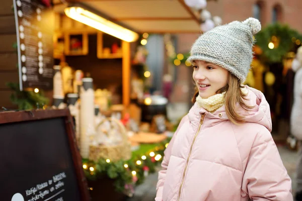 Cute Young Girl Choosing Sweets Traditional Christmas Market Riga Latvia — Stock Photo, Image