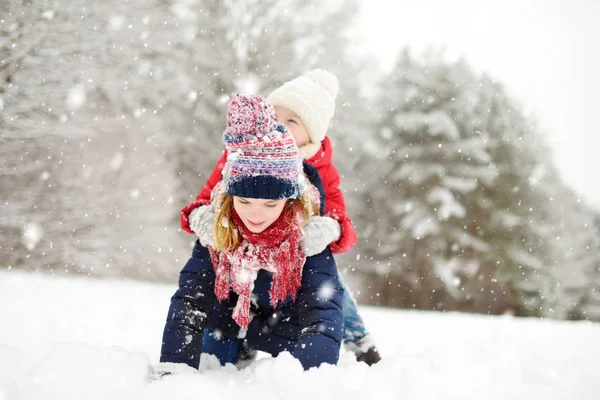 Zwei entzückende junge Mädchen, die zusammen Spaß im wunderschönen Winterpark haben. niedlichen Schwestern spielen in einem Schnee. — Stockfoto