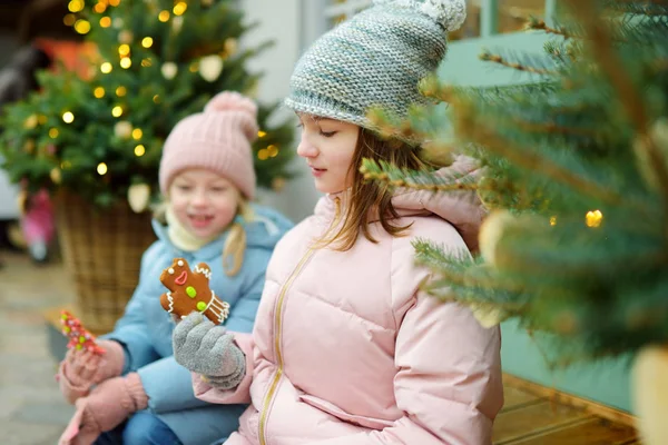 ラトビアのリガで伝統的なクリスマスフェアでジンジャーブレッドクッキーを持っている2人の愛らしい姉妹 クリスマスマーケットでお菓子やキャンディー ロリポップを楽しむ子供たち 家族や子供と冬の時間 — ストック写真