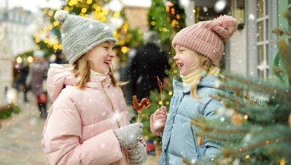 Two Adorable Sisters Having Rooster Shaped Lollipops Traditional Christmas Fair — Stock Photo, Image