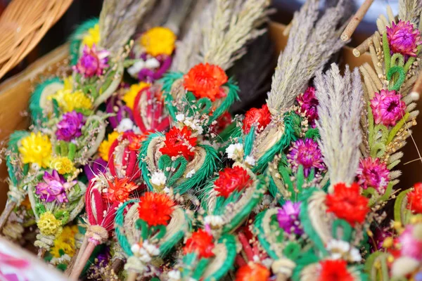 Traditional Lithuanian Easter palms known as verbos sold on Easter market in Vilnius. Lithuanian capital\'s annual traditional crafts fair is held every March on Old Town streets.