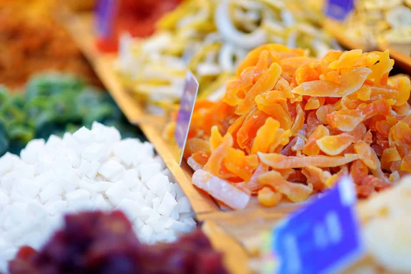 Assortiment Fruits Secs Exposés Dans Marché Fermier Lors Foire Traditionnelle — Photo