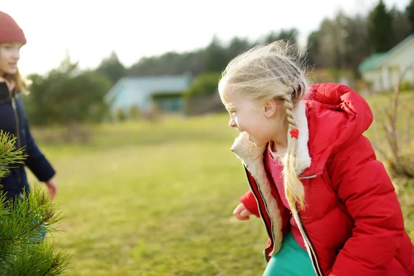 Two young sisters having fun together on beautiful spring day. Active family leisure with kids. Family fun outdoors. — Stock Photo, Image