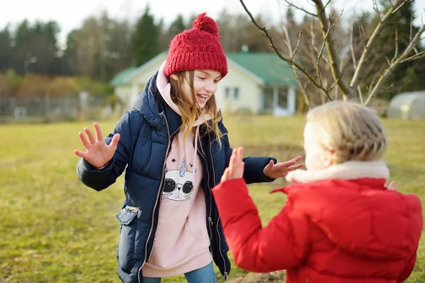 Dvě malé sestry se spolu baví o krásném jarním dni. Aktivní rodinný volný čas s dětmi. Rodinná zábava venku. — Stock fotografie