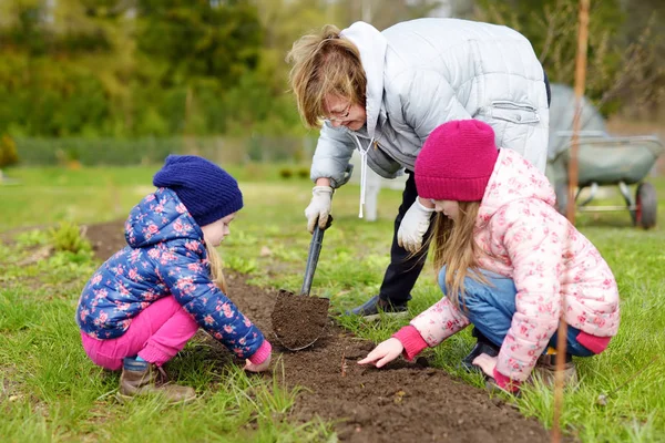 Two cute little sisters helping their grandmother in a garden. Children taking part in outdoor household chores. — Stock Photo, Image
