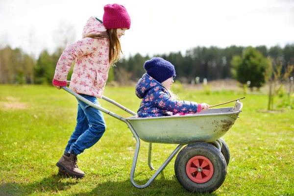 Duas irmãzinhas giras a ajudar num jardim. Crianças que participam em tarefas domésticas ao ar livre . — Fotografia de Stock