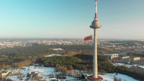 在公众假期，在维尔纽斯电视塔上挥动着巨大的立陶宛国旗 — 图库视频影像