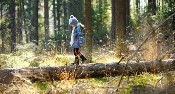 Şirin küçük kız güzel bir bahar günü orman yürüyüşü sırasında eğleniyor. Doğayı keşfeden çocuk. — Stok fotoğraf
