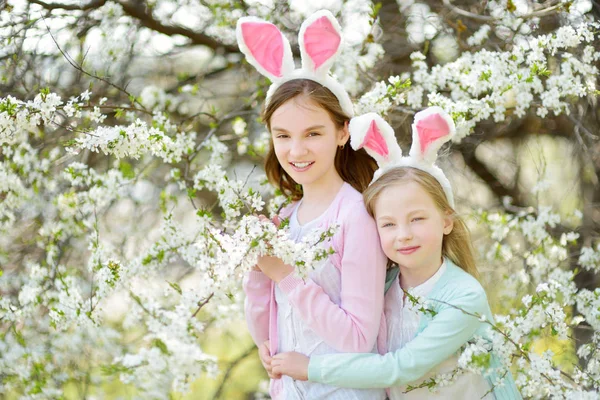 Two Cute Young Sisters Wearing Bunny Ears Blooming Cherry Garden — Stock Photo, Image