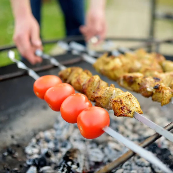 Tomates Carne Pollo Parrilla Rejilla Metálica Aire Libre Asar Verduras —  Fotos de Stock