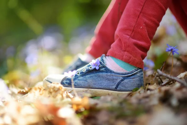 美しい晴れた春の日に森の中で女の子の靴のクローズアップ 春の最初の花を屋外で摘む子供 自然を探検する子供 — ストック写真