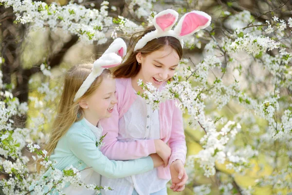 Two Cute Young Sisters Wearing Bunny Ears Blooming Cherry Garden — Stock Photo, Image