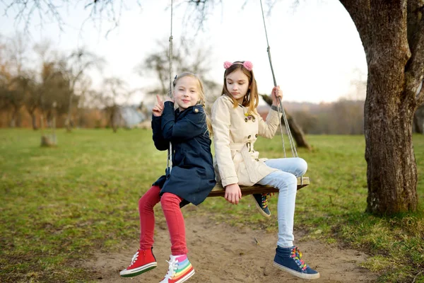 Dos Adorables Chicas Jóvenes Divirtiéndose Columpio Juntas Hermoso Parque Primavera — Foto de Stock