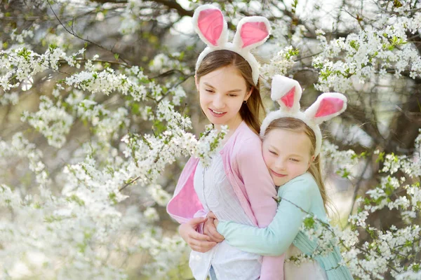 Two Cute Young Sisters Wearing Bunny Ears Blooming Cherry Garden — Stock Photo, Image