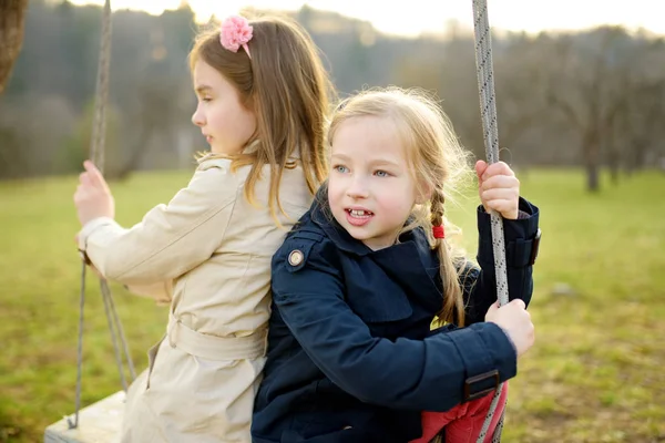 Twee Schattige Jonge Meisjes Die Samen Plezier Hebben Een Schommel — Stockfoto