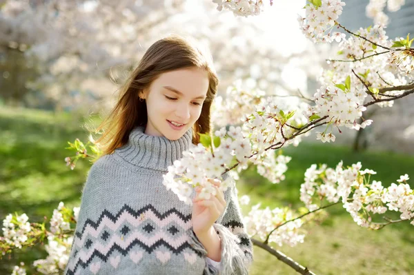 Rozkošná Mladá Dívka Kvetoucí Třešňové Zahradě Krásném Jarním Dni Roztomilé — Stock fotografie