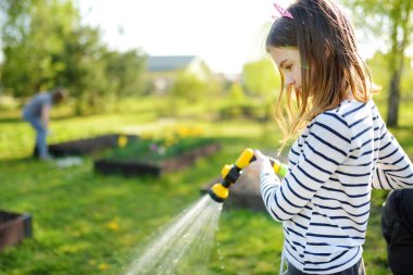 Yaz günü bahçede çiçek tarhlarını sulayan tatlı genç bir kız. Güneşli bir günde bahçe hortumu kullanan bir çocuk. Annemin küçük yardımcısı..