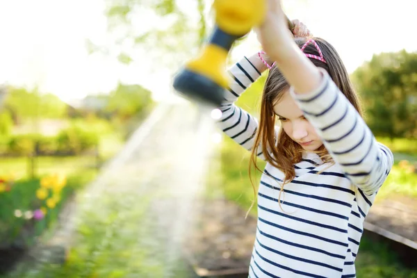 Cute Young Girl Watering Flower Beds Garden Summer Day Child — Stock Photo, Image