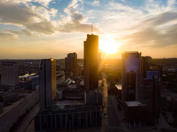 Hermosa Vista Crepúsculo Aéreo Del Distrito Negocios Vilna Con Iluminación — Foto de Stock