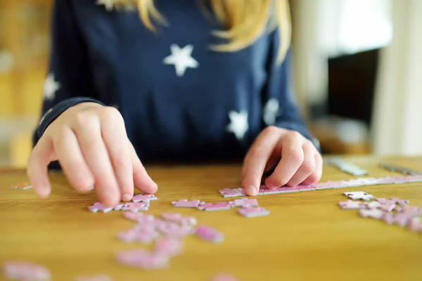 Close Child Hands Playing Puzzles Home Child Connecting Jigsaw Puzzle — Stock Photo, Image