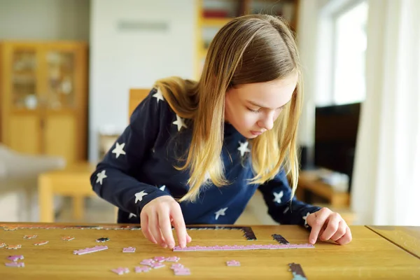 Cute Young Girl Playing Puzzles Home Child Connecting Jigsaw Puzzle — Stock Photo, Image
