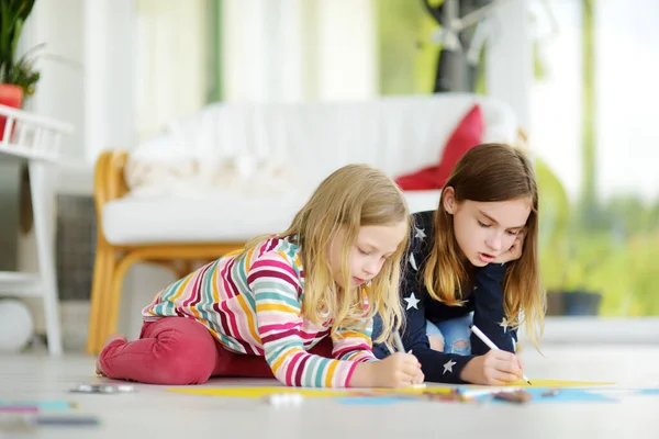 Two Young Sisters Drawing Colorful Pencils Home Creative Kids Doing — Stock Photo, Image