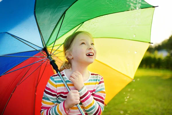 Cute Young Girl Holding Colorful Rainbow Umbrella Rainy Summer Day — Stock Photo, Image