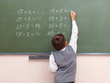 Küçük bir çocuk tebeşir ile bir tahtaya yazar..