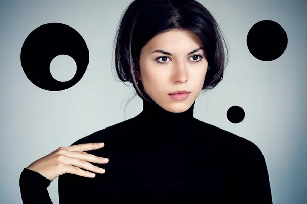 Strange Fashionable Portraits Young Woman Black Jumper Unexpected Hairstyle — Stock Photo, Image
