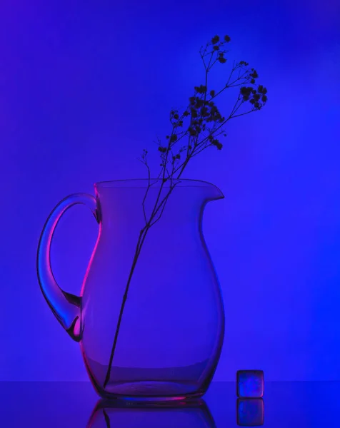 Glass Jar Dry Branch Wildflower Blue Background Advertising Glassware — Stock Photo, Image