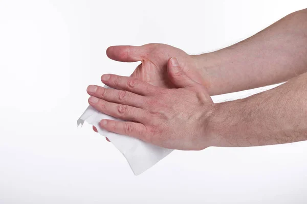 Ludzkie Dłonie Używają Mokrego Podcierania Białym Tle Pojęcie Zakażenia — Zdjęcie stockowe