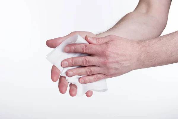Ludzkie Dłonie Używają Mokrego Podcierania Białym Tle Pojęcie Zakażenia — Zdjęcie stockowe