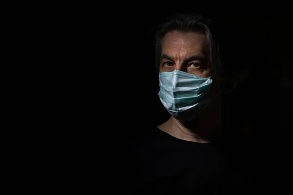 Grim Portrait Adult Man Medical Mask Black Background Concept Self — Stock Photo, Image