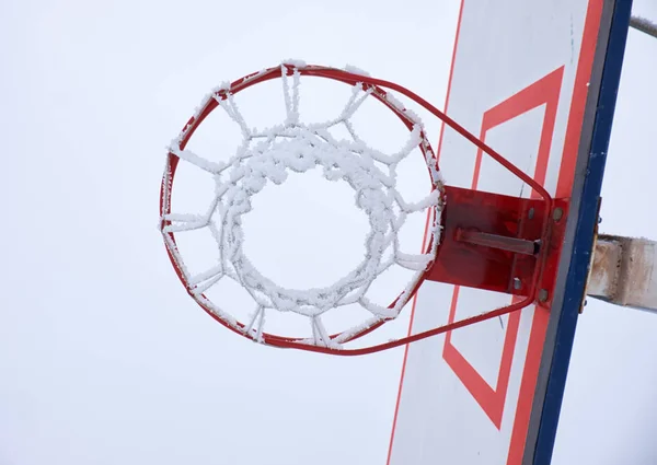 Basketball hoop with net, covered by hoarfrost