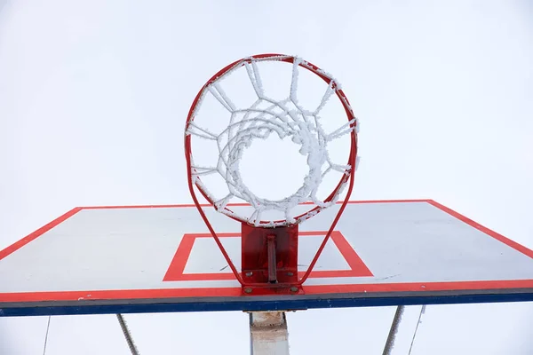 Basketball hoop with net, covered by hoarfrost