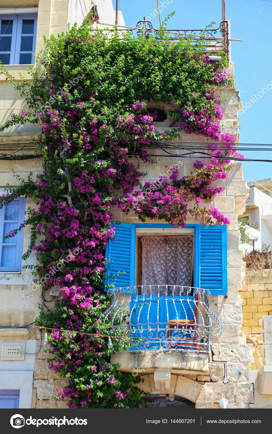 Beautiful Maltese Balcony Entwined With Bougainvillea On Birgu Stock Photo C Zastavkin 144667201
