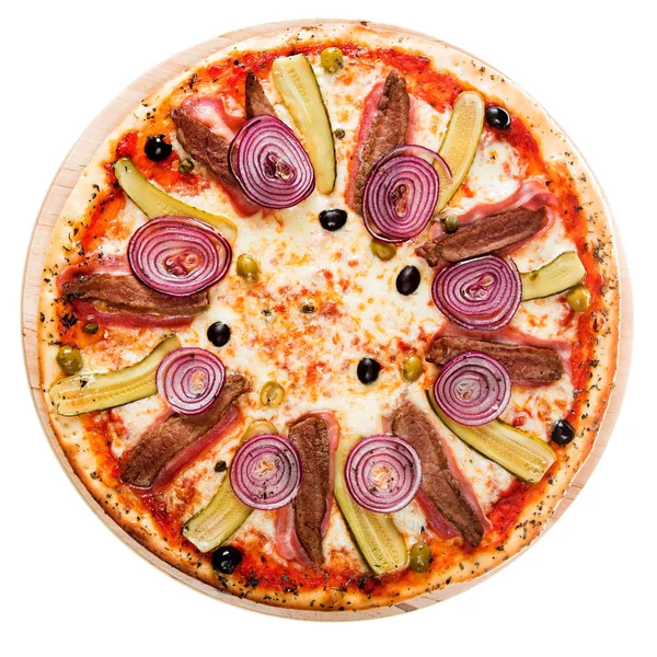 Olasz pizza hússal és hagymával Stock Kép