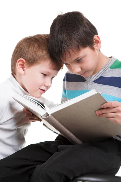 Два маленьких хлопчика читають книгу — стокове фото