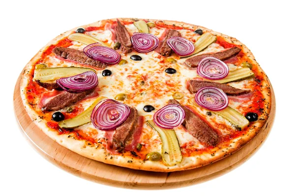 Italian pizza with meat and onions — Stock Photo, Image