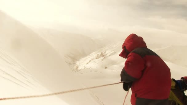 Alpinistas senderismo en montañas nevadas — Vídeo de stock