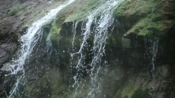 바위 절벽에서 흐르는 작은 폭포 — 비디오