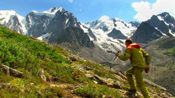 Homme touriste marche sur la colline verte — Video