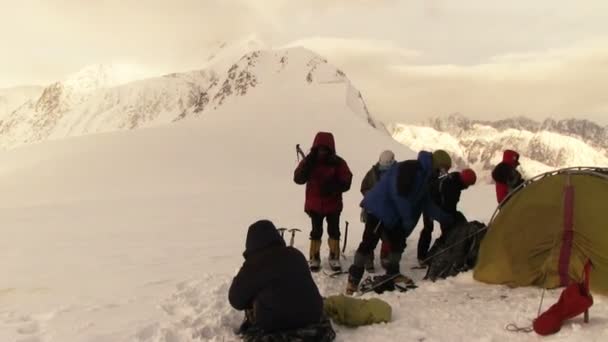 Группа туристов в горах Алтая — стоковое видео