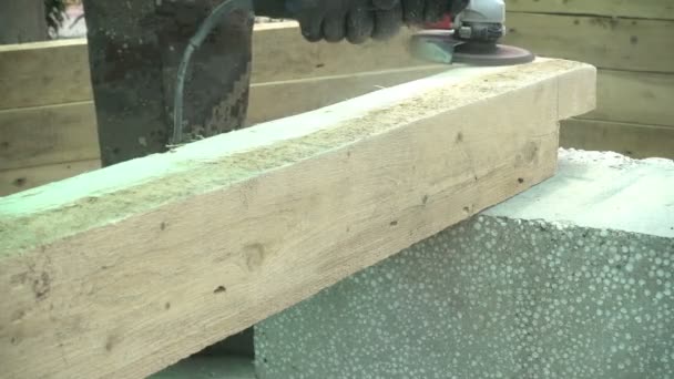 Man aan het werk op een hout whittling een vliegtuig — Stockvideo