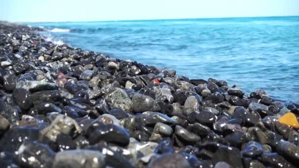 Волны катятся по галечному пляжу — стоковое видео