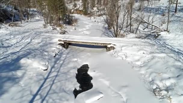 川のある素晴らしい雪に覆われた冬の風景の空中ビュー — ストック動画